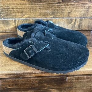 Birkenstock Black Suede Lined Clogs with Cork Heel